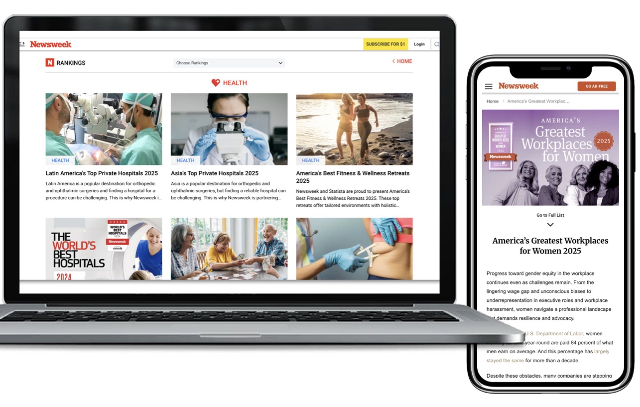 Newsweek’s redesigned homepage shown on a laptop and a phone