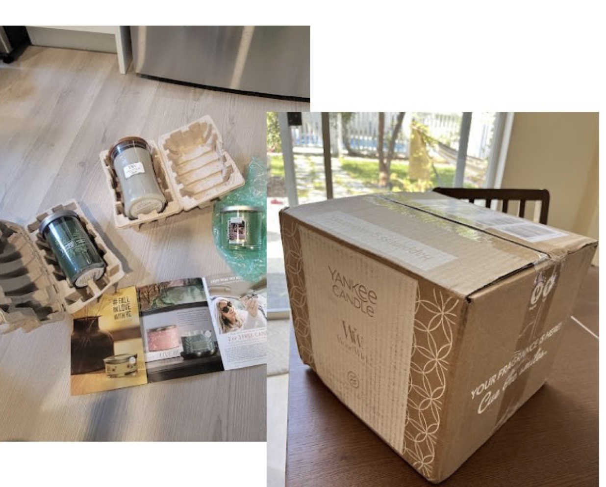 Photos from the diary study showing Yankee Candle products unpacked from their protective packaging, and the shipping box on arrival